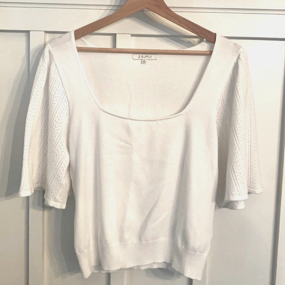 Z Supply cropped white knit sweater with pointelle bell sleeve